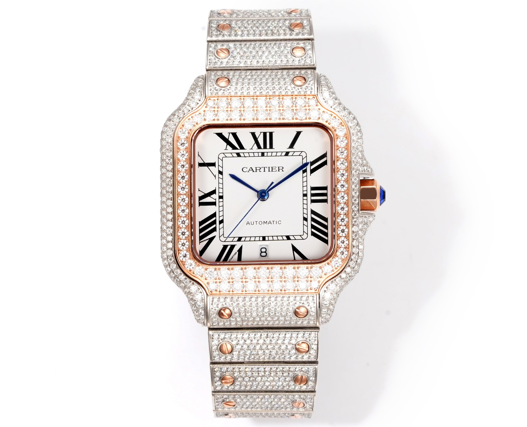 <p>太阳出品 皮带 光盘<p>F4 真莫桑钻 卡地亚 CARTIER  DF4 山度士系列 满天星系列 </p><p>奢华至极 极少量到货 满天星卡地亚山度士满天星莫桑钻版本整表纯手工镶嵌 D 色 VVS 级莫桑钻  Moissanite diamond  全部石头都可以通过专业测试笔测试莫桑钻( Moissanite diamond  折射率2.65-2.69 钻石2.42)</p>