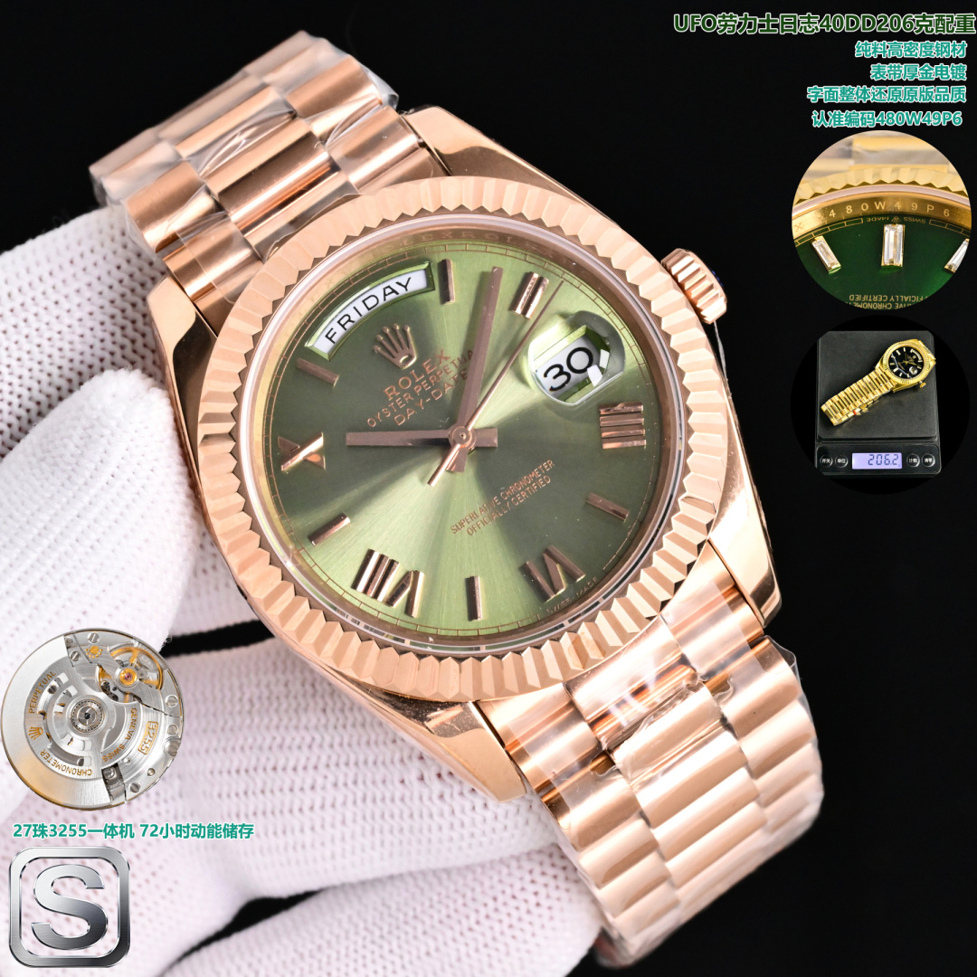 <p>太阳出品<p>UFO 劳力士 ROLEX MT2 日志型40mm 最新推出206克40MMDD日志 搭配27株3255一体机  表带采用原装25节表带 使用纯料打造 并非钨钢 大量避免掉皮情况 电镀为0.6厚金 字体整体还原原版品质 太阳出品精致推荐男士机械腕表 </p>